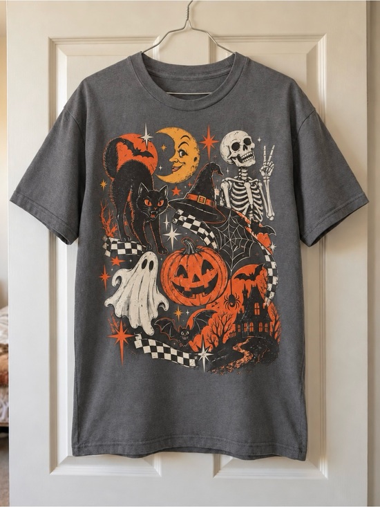 Gildan Tops - Skeleton Peace Black Cat Pumpkin Spooky Season Edgy Statement Womens Graphic Tee